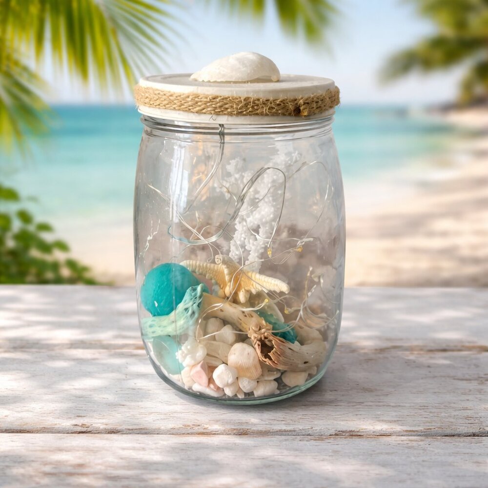 Coastal Seashell Lighted Jar Decor | Beach Cottage Accent Lamp